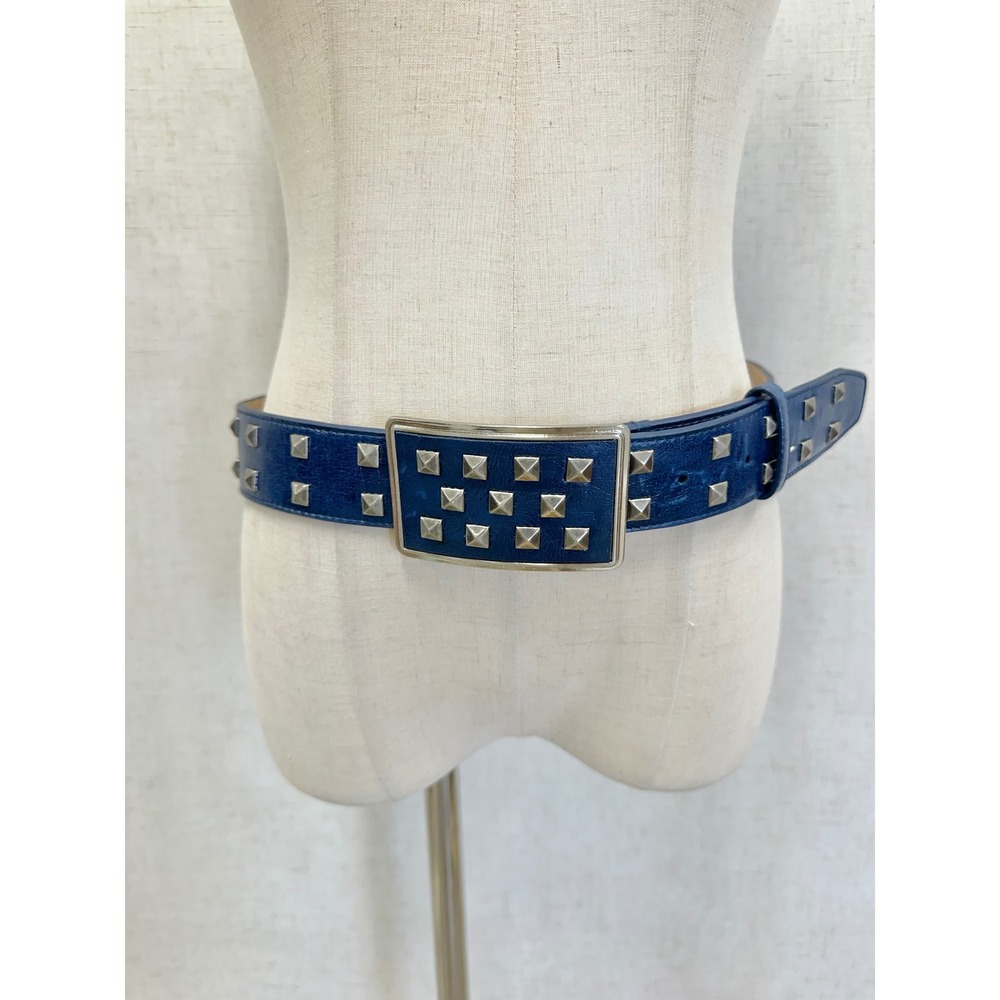Pyramid Studded Leather Belt Womens Small Navy Blue Silver Pyramid Punk Rock